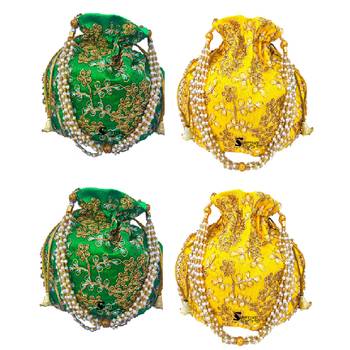 Shoptory India Wristlets Embroidered Ethnic Potli For Women & Girls Rajasthani Return Gift , Green Yellow, Pack of 4 1