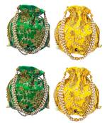Shoptory India Wristlets Embroidered Ethnic Potli For Women & Girls Rajasthani Return Gift , Green Yellow, Pack of 4