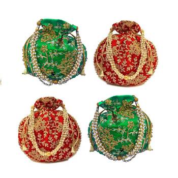 Shoptory India Wristlets Embroidered Ethnic Potli For Women & Girls Rajasthani Return Gift, Green Red, Pack of 4 1