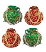 Shoptory India Wristlets Embroidered Ethnic Potli For Women & Girls Rajasthani Return Gift, Green Red, Pack of 4