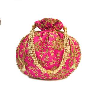 Shoptory India Wristlets Embroidered Ethnic Potli For Women & Girls Rajasthani Return Gift, Maroon Dark Pink, Pack of 4 3