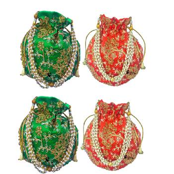 Shoptory India Wristlets Embroidered Ethnic Potli For Women & Girls Rajasthani Return Gift, Green Orange, Pack of 4 1