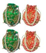Shoptory India Wristlets Embroidered Ethnic Potli For Women & Girls Rajasthani Return Gift, Green Orange, Pack of 4