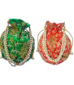 Shoptory India Wristlets Embroidered Ethnic Potli For Women & Girls Rajasthani Return Gift, Green Orange, Pack of 2