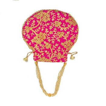 Shoptory India Wristlets Embroidered Ethnic Potli For Women & Girls Rajasthani Return Gift, Maroon Dark Pink, Pack of 4 5