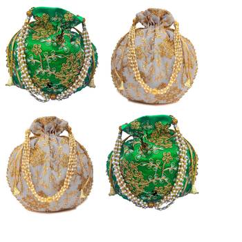 Shoptory India Wristlets Embroidered Ethnic Potli For Women & Girls Rajasthani Return Gift, Green Grey, Pack of 4 1