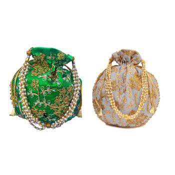 Shoptory India Wristlets Embroidered Ethnic Potli For Women & Girls Rajasthani Return Gift, Green Grey, Pack of 2 1