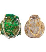 Shoptory India Wristlets Embroidered Ethnic Potli For Women & Girls Rajasthani Return Gift, Green Grey, Pack of 2