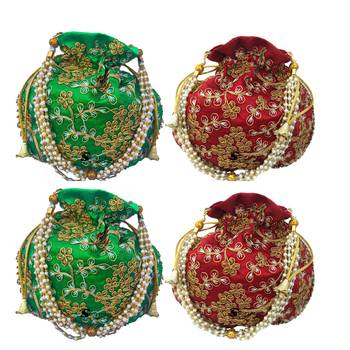 Shoptory India Wristlets Embroidered Ethnic Potli For Women & Girls Rajasthani Return Gift, Green Maroon, Pack of 4 1