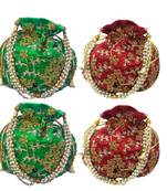Shoptory India Wristlets Embroidered Ethnic Potli For Women & Girls Rajasthani Return Gift, Green Maroon, Pack of 4