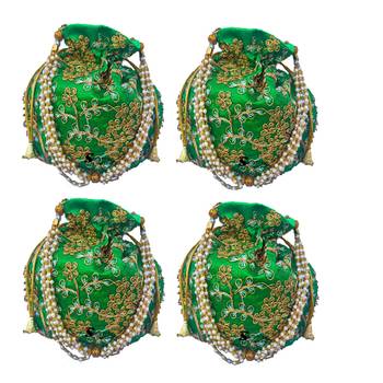 Shoptory India Wristlets Embroidered Ethnic Potli For Women & Girls Rajasthani Return Gift, Light Green, Pack of 4 1