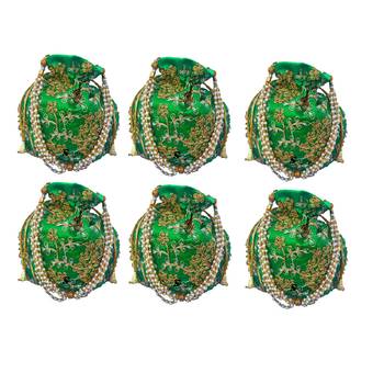 Shoptory India Wristlets Embroidered Ethnic Potli For Women & Girls Rajasthani Return Gift, Light Green, Pack of 6 1