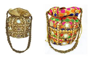 Shoptory India Wristlets Ethnic Rajasthani Potli bags For Women & Girls Rakhi Gift for her, Multicolor Gold, Pack of 2 1