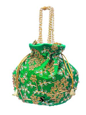 Shoptory India Wristlets Embroidered Ethnic Potli For Women & Girls Rajasthani Return Gift, Green Maroon, Pack of 4 4