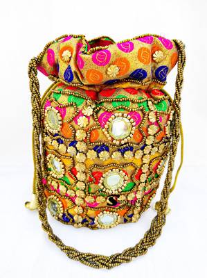 Shoptory India Wristlets Ethnic Rajasthani Potli bags For Women & Girls Rakhi Gift for her, Multicolor Gold, Pack of 2 3