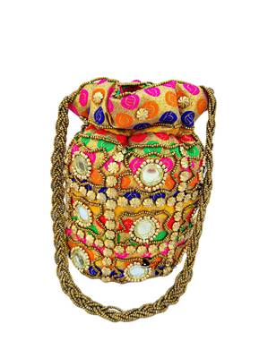 Shoptory India Wristlets Ethnic Rajasthani Potli bags For Women & Girls Rakhi Gift for her, Multicolor Gold, Pack of 2 5