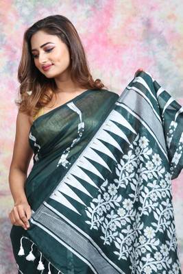 Green Woven Blended Cotton Saree Without Blouse 4