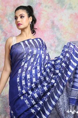 Blue Woven Blended Cotton Saree Without Blouse 4