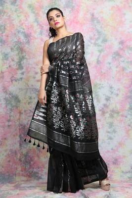 Black woven blended cotton saree  1
