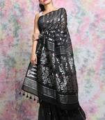 Black woven blended cotton saree 