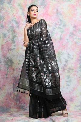 Black woven blended cotton saree  2
