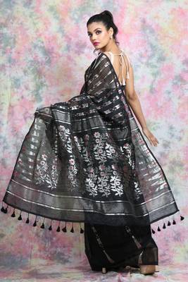 Black woven blended cotton saree  3