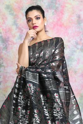 Black woven blended cotton saree  4