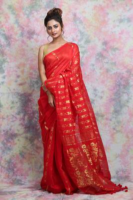 Red Woven Blended Cotton Saree Without Blouse 1