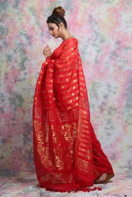 Red Woven Blended Cotton Saree Without Blouse 2