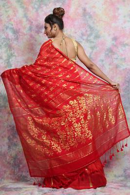 Red Woven Blended Cotton Saree Without Blouse 3
