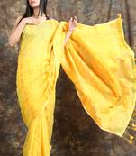 Yellow Woven Blended Cotton Saree Without Blouse