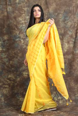 Yellow Woven Blended Cotton Saree Without Blouse 2