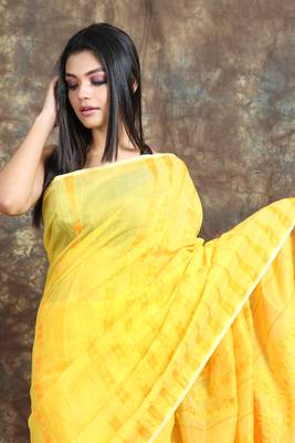Yellow Woven Blended Cotton Saree Without Blouse 4
