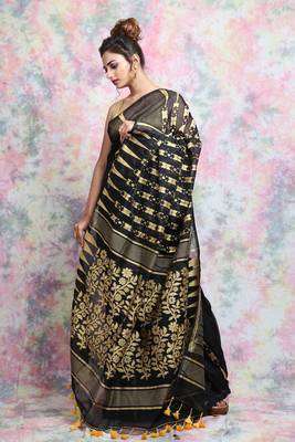 Black Woven Blended Cotton Saree Without Blouse 2