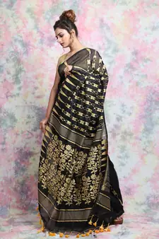 Black Woven Blended Cotton Saree Without Blouse