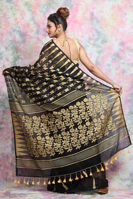Black Woven Blended Cotton Saree Without Blouse 3