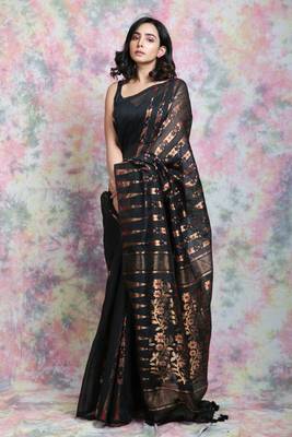 Black Woven Blended Cotton Saree Without Blouse 1