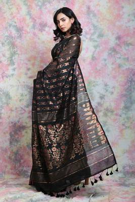 Black Woven Blended Cotton Saree Without Blouse 2