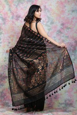 Black Woven Blended Cotton Saree Without Blouse 3