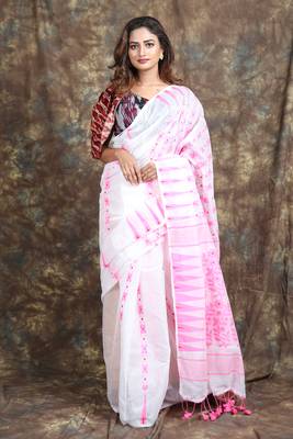 White Woven Blended Cotton Saree Without Blouse 1