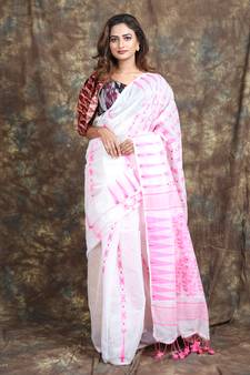 White Woven Blended Cotton Saree Without Blouse