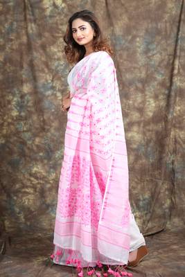 White Woven Blended Cotton Saree Without Blouse 2
