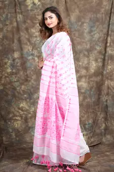 White Woven Blended Cotton Saree Without Blouse
