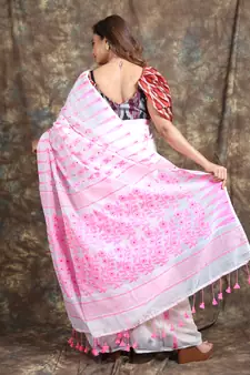 White Woven Blended Cotton Saree Without Blouse