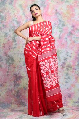 Red woven blended cotton saree  1