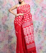 Red woven blended cotton saree 