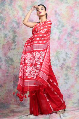Red woven blended cotton saree  2