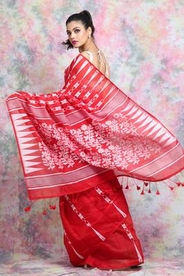 Red woven blended cotton saree  3