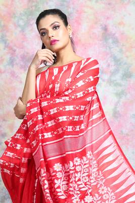 Red woven blended cotton saree  4