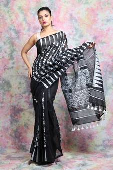 Black Woven Blended Cotton Saree Without Blouse